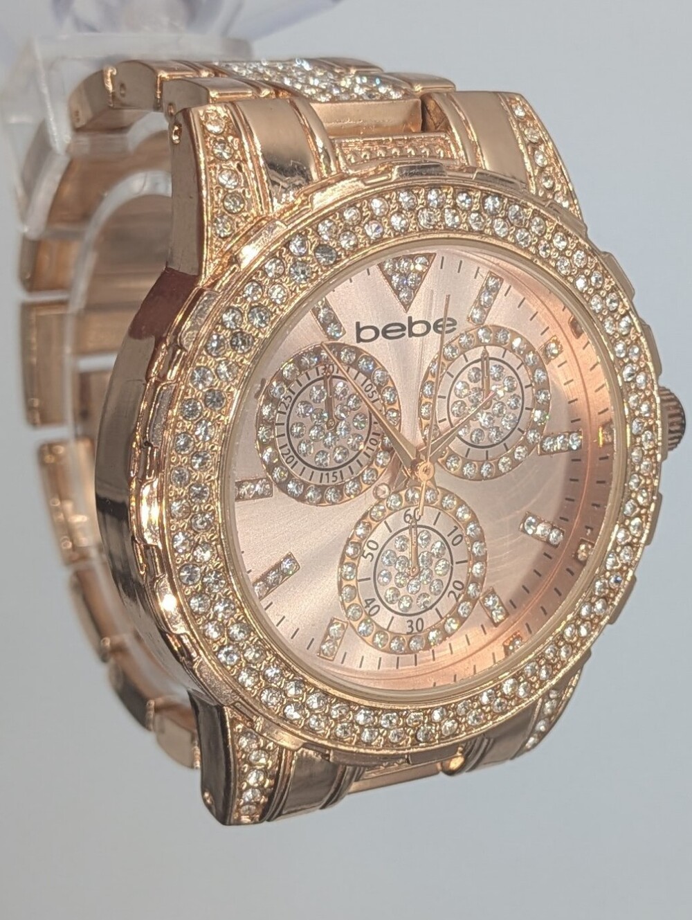 Bebe Women's Watch Rose Gold Dial Rhinestone Accents Crystal Bezel Y2K Style